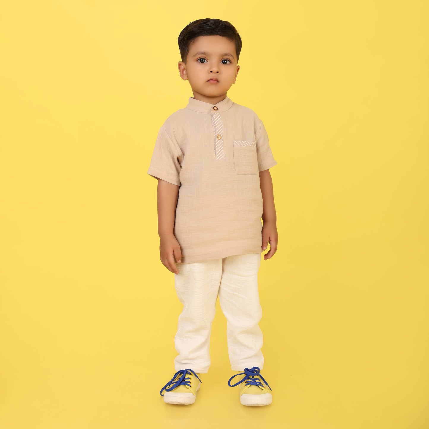 Boys Beige 100% Cotton Set – Short Sleeve Top & Ivory Pants