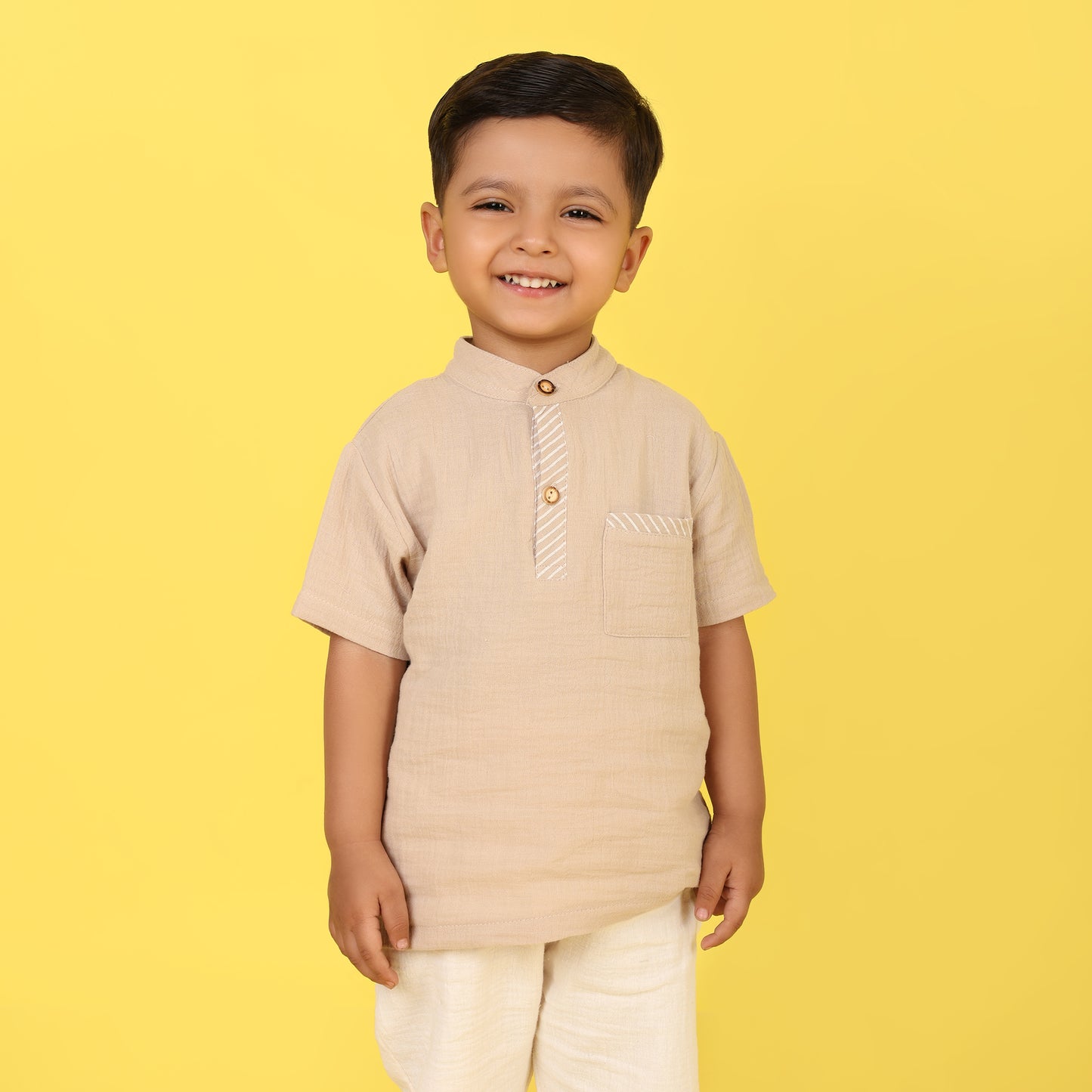 Boys Beige 100% Cotton Set – Short Sleeve Top & Ivory Pants