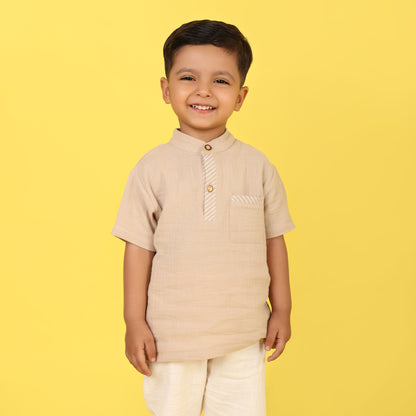 Boys Beige 100% Cotton Set – Short Sleeve Top & Ivory Pants