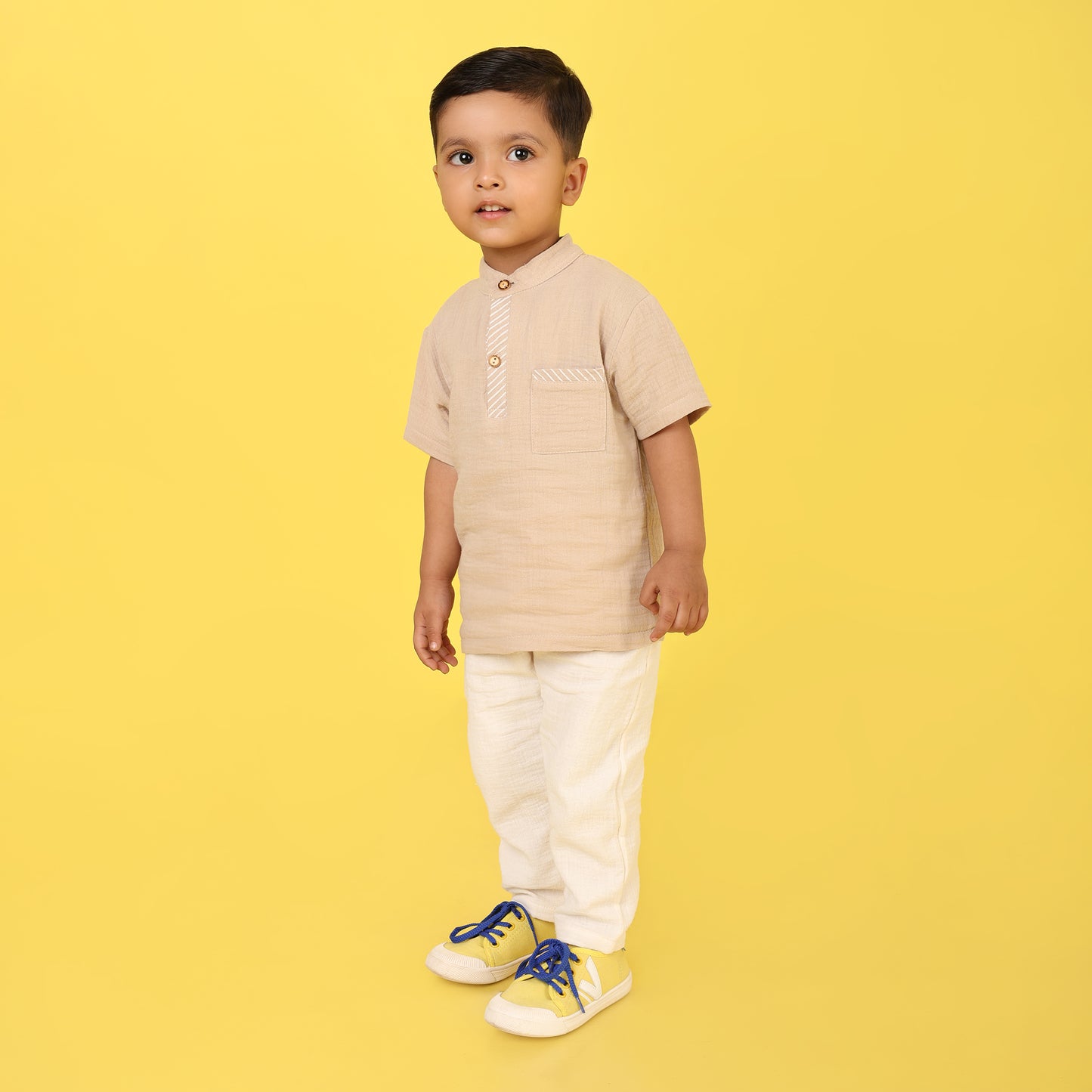 Boys Beige 100% Cotton Set – Short Sleeve Top & Ivory Pants