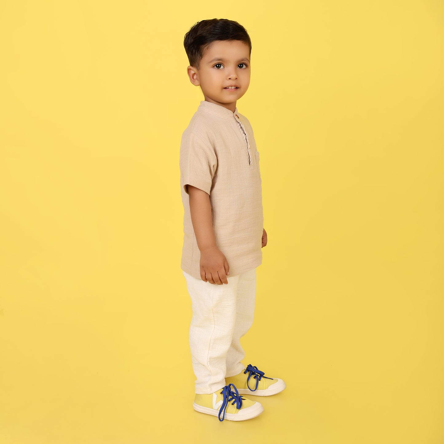 Boys Beige 100% Cotton Set – Short Sleeve Top & Ivory Pants
