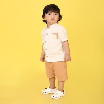 Pepito Classic Mandarin Collar Shirt Set – Cream & Tan