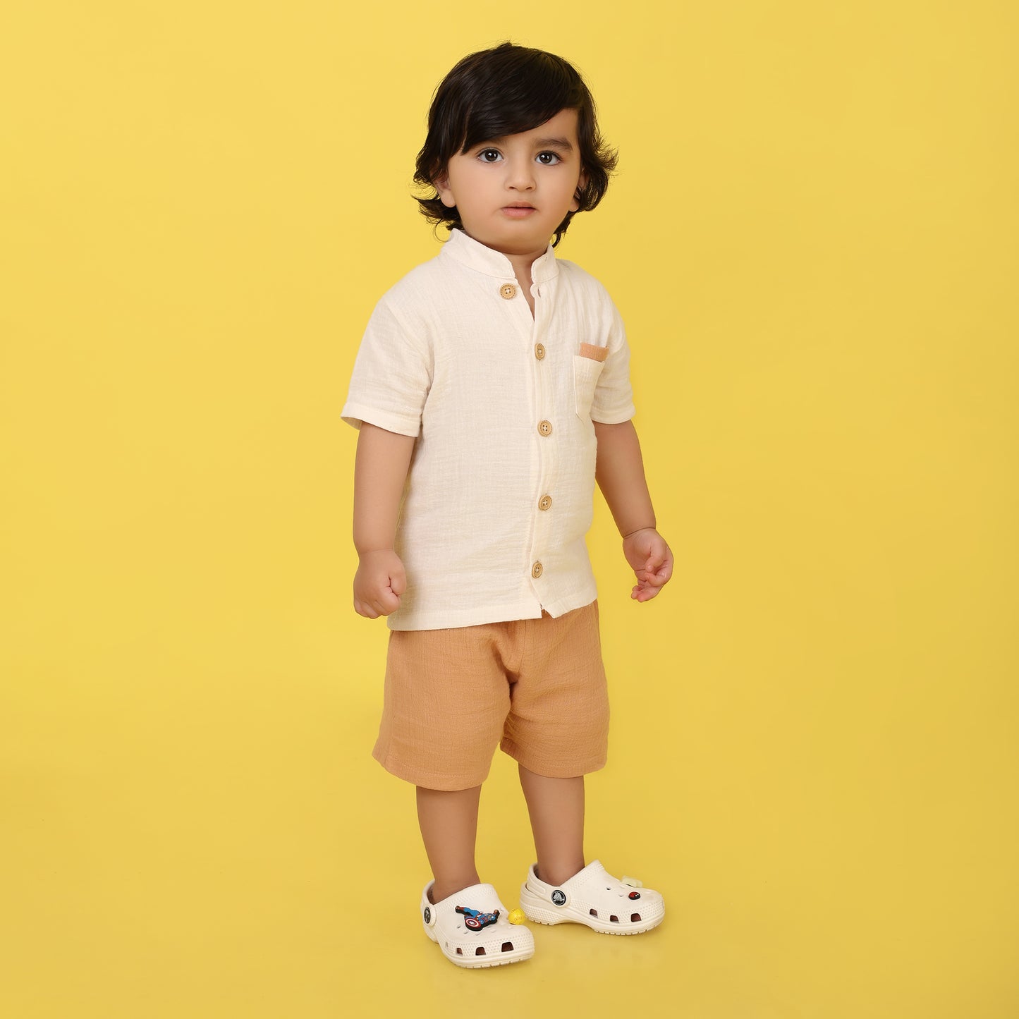 Pepito Classic Mandarin Collar Shirt Set – Cream & Tan