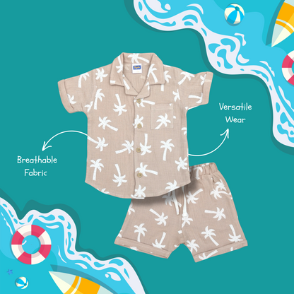 Pepito Boys' Cotton Co-ord Set | Tropical Palm Print Shirt & Shorts Set