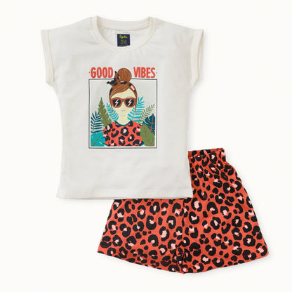 Girls Animal Print Round-Neck T-Shirt with Shorts Set