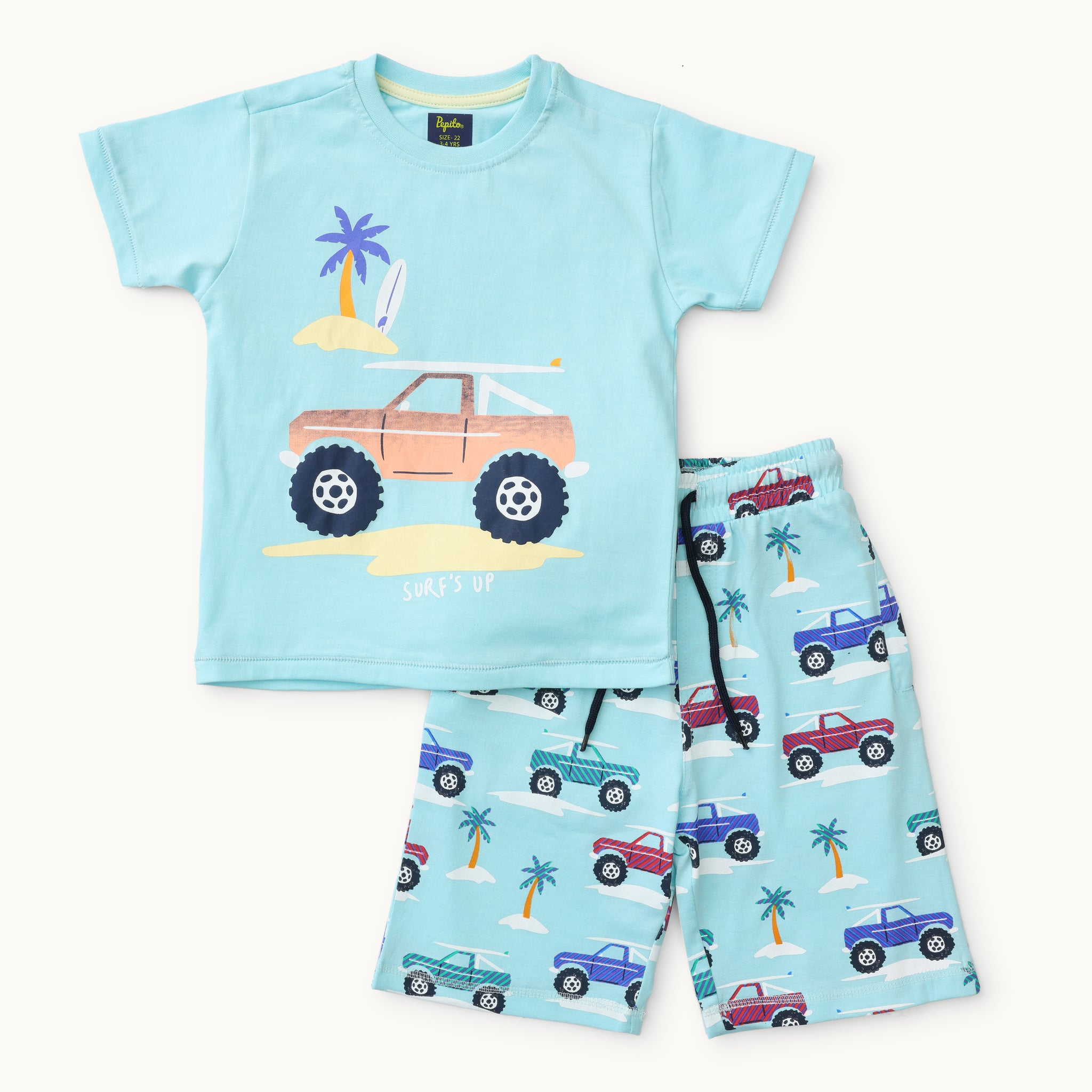 Car Print Round-Neck T-Shirt with Shorts