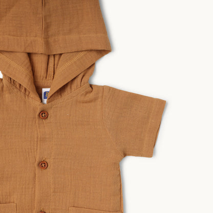 Brown Half Sleeve Romper with Hoodie -  Infant Boys