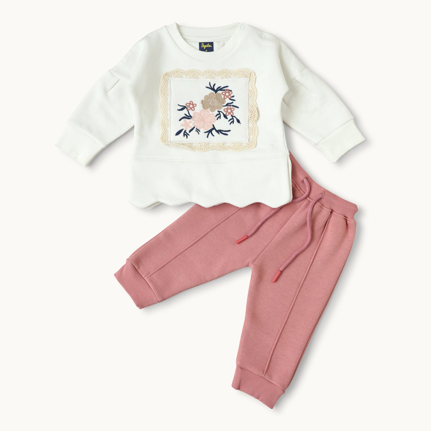 Blossom Dreams Two-Piece Baby Set | Vintage-Inspired Floral Sweatshirt & Pink Joggers