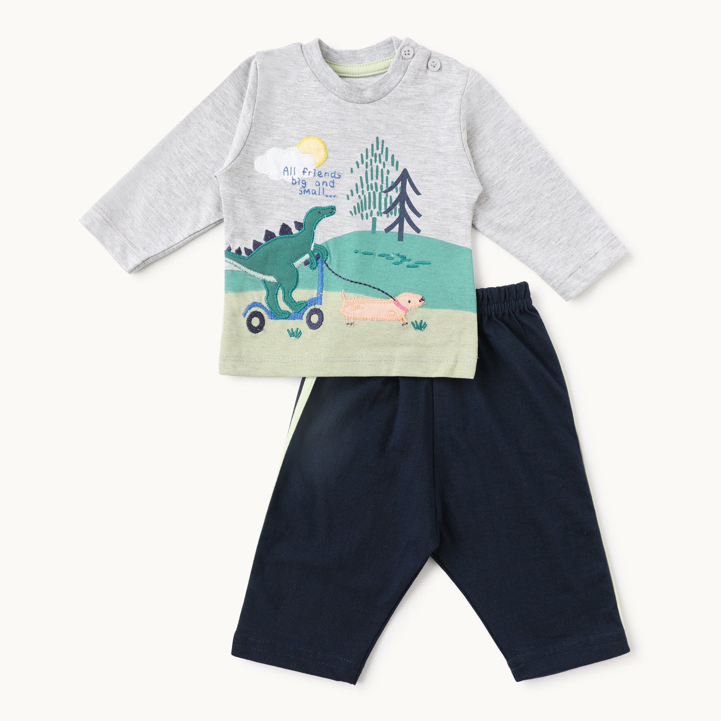 Dino & Pup Adventure Baby Full-Sleeve T-Shirt & Pants Set – Grey & Navy