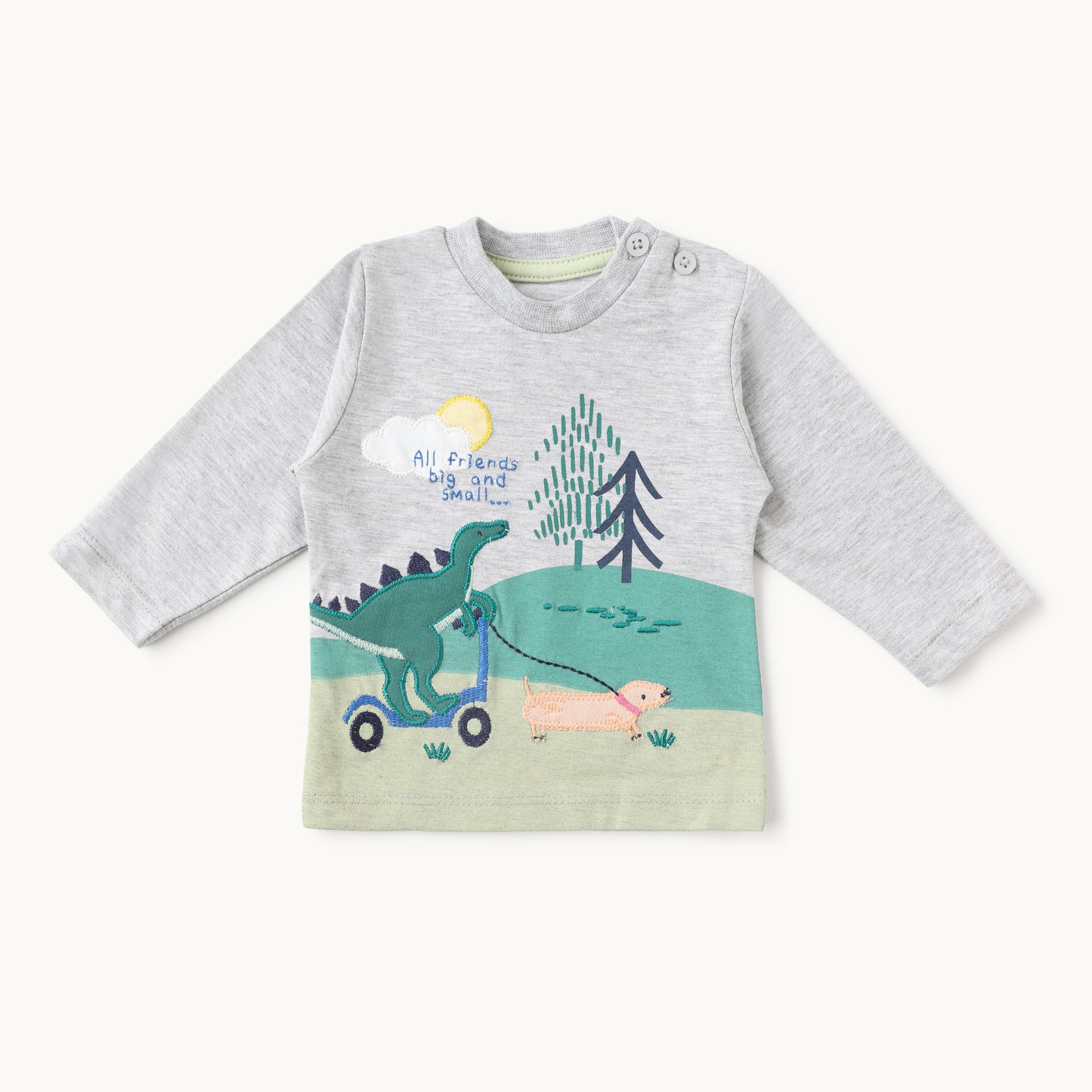 Dino & Pup Adventure Baby Full-Sleeve T-Shirt & Pants Set – Grey & Navy