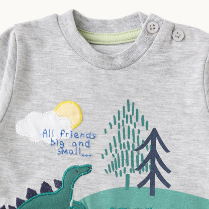 Dino & Pup Adventure Baby Full-Sleeve T-Shirt & Pants Set – Grey & Navy