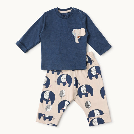 Elephant Patch Pocket Baby Full-Sleeve T-Shirt & Printed Pants Set – Navy & Beige
