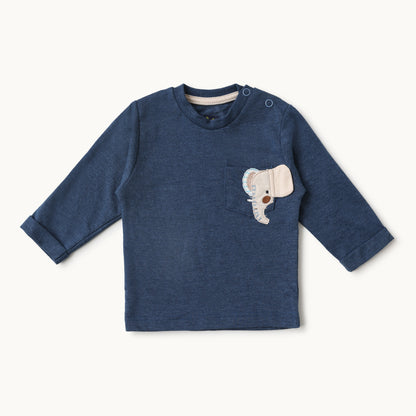 Elephant Patch Pocket Baby Full-Sleeve T-Shirt & Printed Pants Set – Navy & Beige