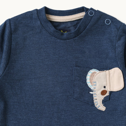 Elephant Patch Pocket Baby Full-Sleeve T-Shirt & Printed Pants Set – Navy & Beige