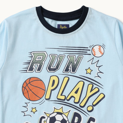 Run Play Score Kids Full-Sleeve T-Shirt & Joggers Set - Blue & Navy