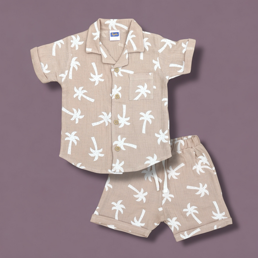 Pepito Boys' Cotton Co-ord Set | Tropical Palm Print Shirt & Shorts Set