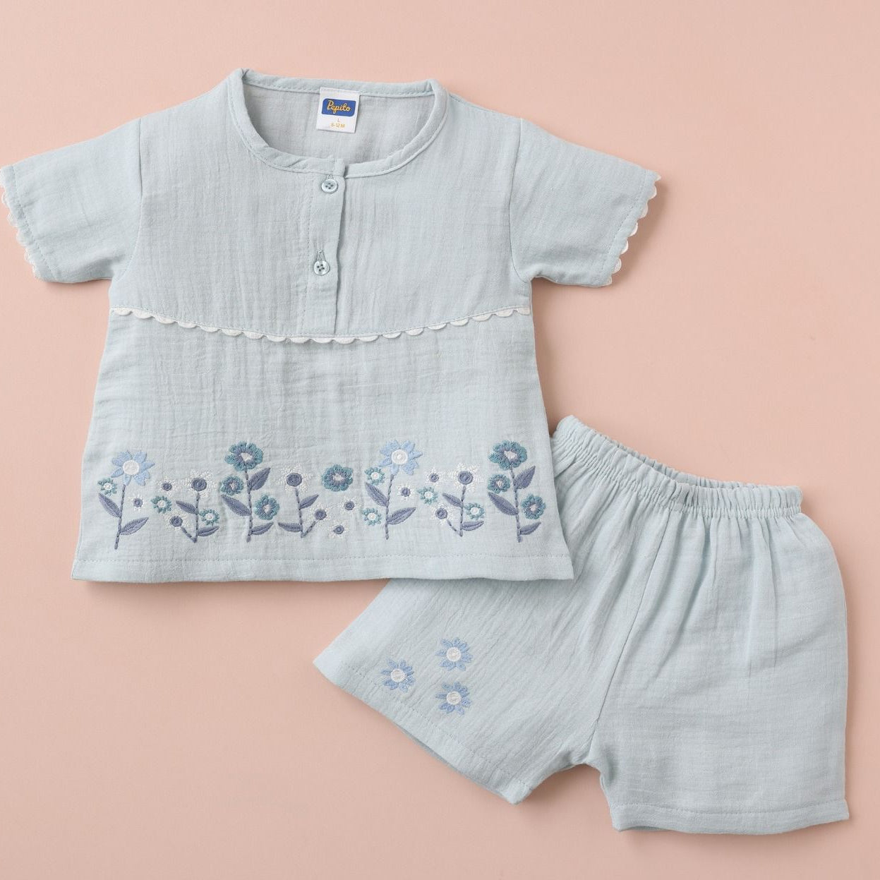 Pepito 100% Cotton Double Gauge Girls Shorts Set – Embroidered Floral Top & Shorts