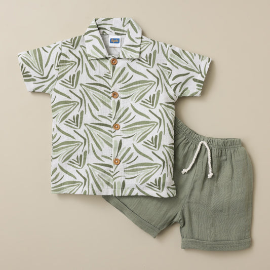 Boys Tropical Print Shirt & Green Shorts Set – Summer Outfit