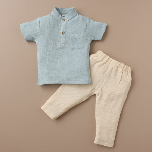 Boys 100% Cotton Set – Pastel Blue Shirt & Beige Pants