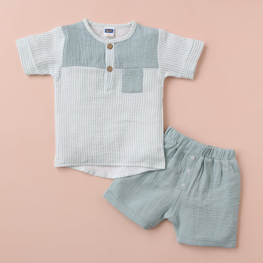 Pepito Boys’ Cotton Striped Shirt & Shorts Set – Mint Green & White