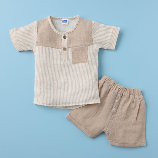 Pepito Boys’ Striped Cotton Shirt & Shorts Set – Beige & White Summer Outfit